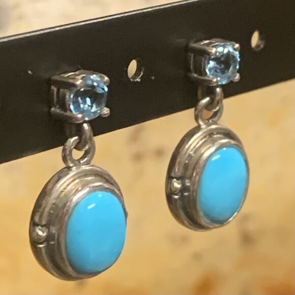 Sterling Silver, Sleeping Beauty Turquoise and Blue Topaz Dangle Earrings by NF - Picture 4 of 6